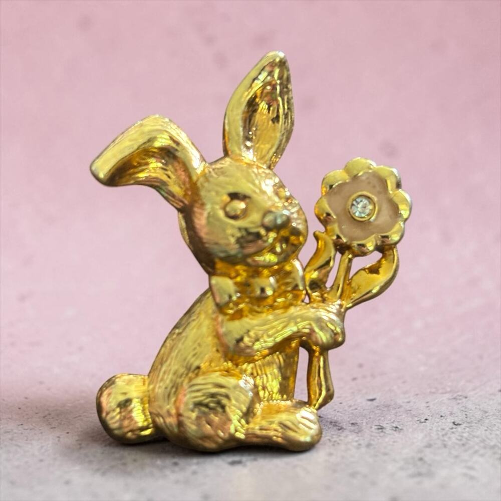 Vintage Gold Bunny Brooch Holding Flower Rhinestone Whimsical Rabbit Pin
